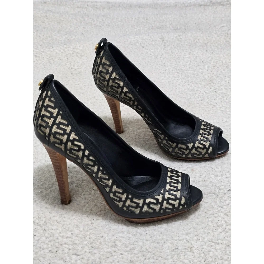 Tory Burch Black Leather Logo Laser Cut Peep Toe Platform Pumps Heels 6.5M